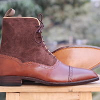 Men's Handmade Brown Ankle Boots,Lace Up Cap Toe Leather & Suede Boots - Thumbnail 1
