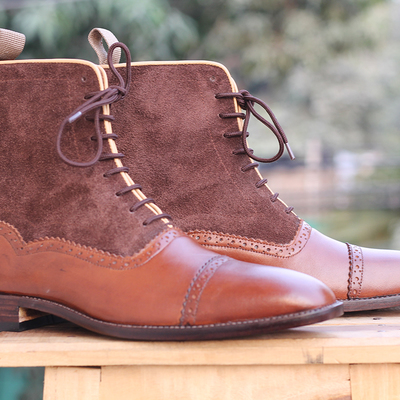 Men's handmade brown ankle boots,lace up cap toe leather & suede boots - Thumbnail 3
