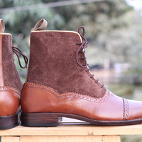 Men's Handmade Brown Ankle Boots,Lace Up Cap Toe Leather & Suede Boots - Thumbnail 2
