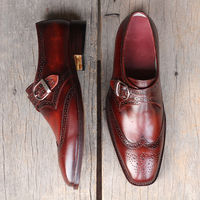 Men's Handmade Burgundy Wing Tip Brogue Monk Strap Leather Shoes  - Thumbnail 2