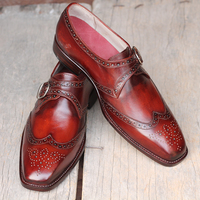 Men's Handmade Burgundy Wing Tip Brogue Monk Strap Leather Shoes  - Thumbnail 1