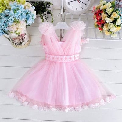 V neck tulle pink flower girl dresses with handmade flowers - Thumbnail 5