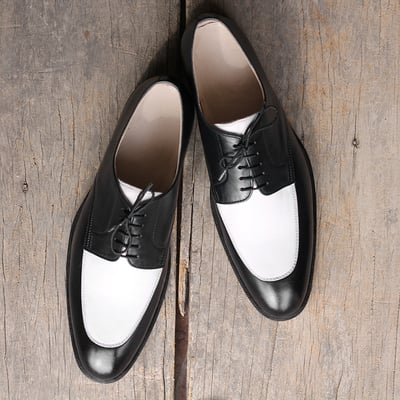 Handmade white & black round toe leather lace up shoes for men's  - Thumbnail 4