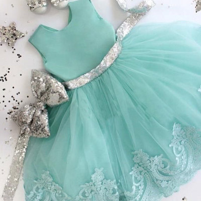Sage flower girl dresses with silver sequins bowknot - Thumbnail 3