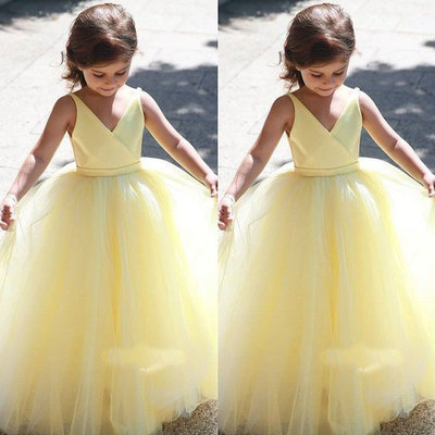 V neck yellow flower girl dresses - Thumbnail 4