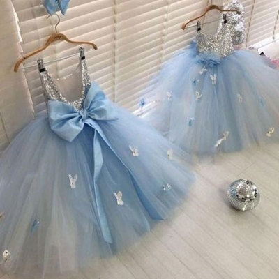 Tulle blue flower girl dresses with butterfly - Thumbnail 4