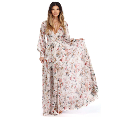 Elegant V Neck Printed Summer Maxi Dress