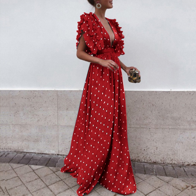 Vintage style polka dot ruffles long dress