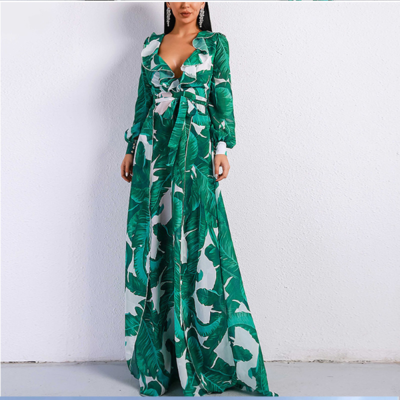 Leaf print stylish long dress with slit - Thumbnail 5