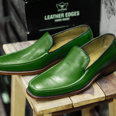 New handmade green leather loafers shoes for men's - Thumbnail 4