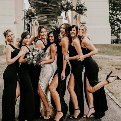 One shoulder sheath black bridesmaid dresses for wedding - Thumbnail 4