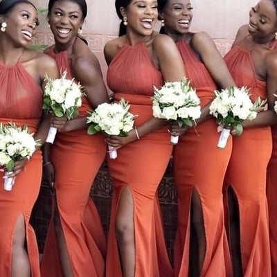 Halter mermaid burnt orange bridesmaid dresses for wedding party - Thumbnail 5