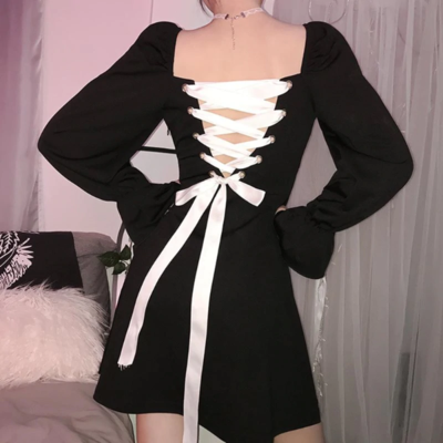 Sexy black lace up back gothic dress