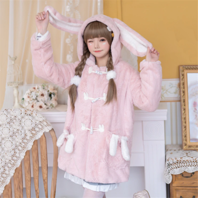 Pink kawaii japanese style buny rabbit plush hoodies coat