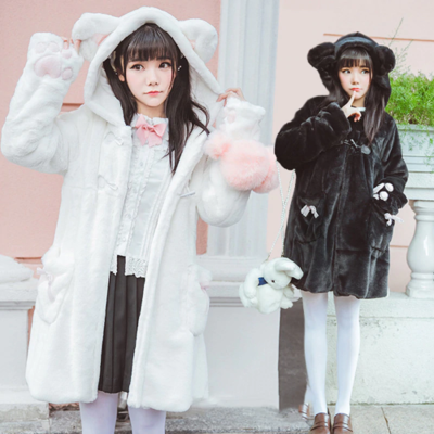 Cute Japanese Cat Ears Winter Coat in Black and White