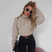 Women Long Sleeve Sexy High-Necked Knit Sweater - Thumbnail 1