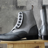 Men's Handmade Gray Ankle Boots,Button Top Wing Tip Leather & Suede Boots - Thumbnail 2