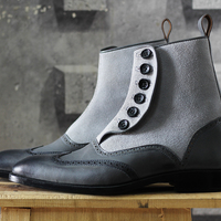 Men's Handmade Gray Ankle Boots,Button Top Wing Tip Leather & Suede Boots - Thumbnail 1