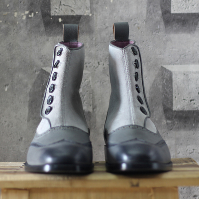 Men's handmade gray ankle boots,button top wing tip leather & suede boots - Thumbnail 3