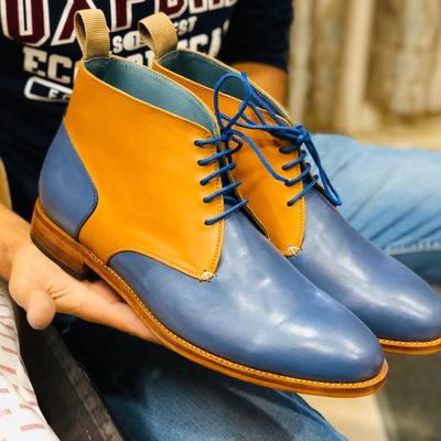 New handmade half ankle blue & tan leather lace up boot for men's  - Thumbnail 4