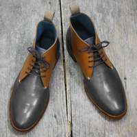 New Handmade Half Ankle Black & Tan Leather Lace Up Boot For Men's  - Thumbnail 2