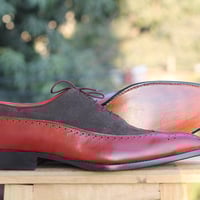 Men's Handmade Burgundy & Gray Wing Tip Brogue Lace Up Leather & Suede Shoes  - Thumbnail 2