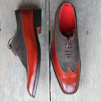Men's Handmade Burgundy & Gray Wing Tip Brogue Lace Up Leather & Suede Shoes  - Thumbnail 1