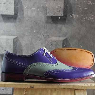 Men's handmade blue & gray wing tip brogue lace up leather shoes  - Thumbnail 4