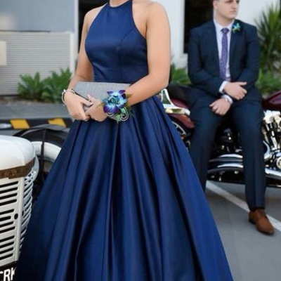 Simply halter navy blue long prom dress ,evening dresses - Thumbnail 5