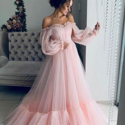 Off shoulder puffy sleeves pink tulle prom dress ,mermaid evening dresses  - Thumbnail 4