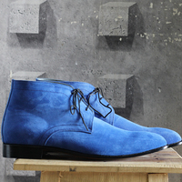 New Handmade Half Ankle Blue Suede Lace Up Boot For Men's  - Thumbnail 2
