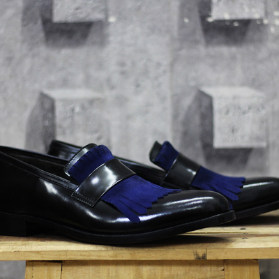 New handmade black & blue fringe leather loafers shoes for men's - Thumbnail 2