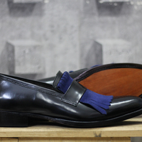 New Handmade Black & Blue Fringe Leather Loafers Shoes For Men's - Thumbnail 1