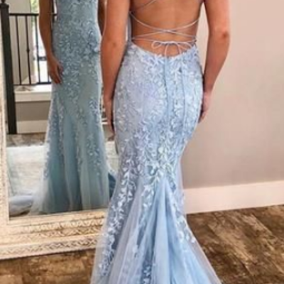 Sexy mermaid backless blue lace prom dresses ,party dress - Thumbnail 4