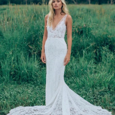 Charming sheath sweep train v neck lace appliques wedding dress - Thumbnail 5