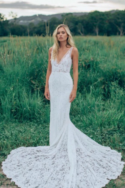 Charming Sheath Sweep Train V Neck Lace Appliques Wedding Dress