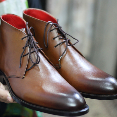 New handmade half ankle brown leather lace up boot for men's  - Thumbnail 4