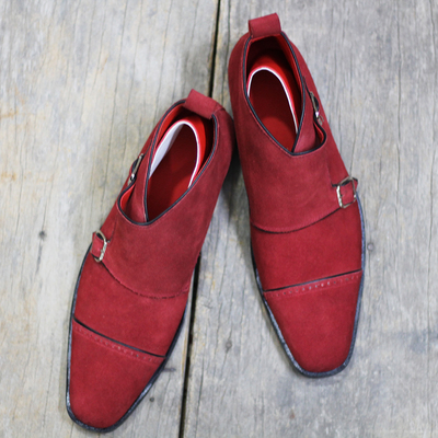 Men's handmade maroon cap toe double monk strap suede shoes  - Thumbnail 4