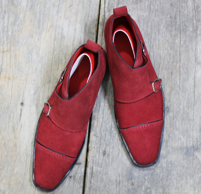 Men's Handmade Maroon Cap Toe Double Monk Strap Suede Shoes 