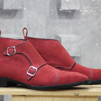 Men's Handmade Maroon Cap Toe Double Monk Strap Suede Shoes  - Thumbnail 1