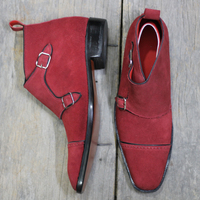 Men's Handmade Maroon Cap Toe Double Monk Strap Suede Shoes  - Thumbnail 3