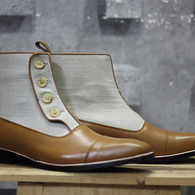 Men's handmade brown beige ankle boots,button top cap toe leather boots - Thumbnail 1