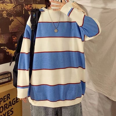 Blue white stripe color block jumper sweater