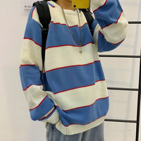 Blue White Stripe Color Block Jumper Sweater - Thumbnail 1