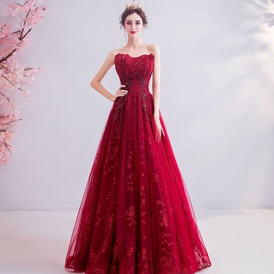 Burgundy lace long prom dress evening dress - Thumbnail 4
