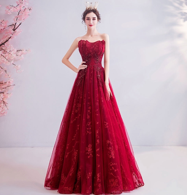 Burgundy lace long prom dress evening dress