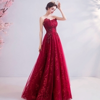Burgundy lace long prom dress evening dress - Thumbnail 1