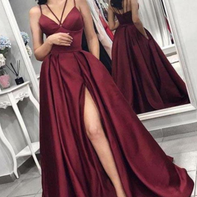 Spaghetti straps a-line sexy sweep train prom dresses with slit  - Thumbnail 5