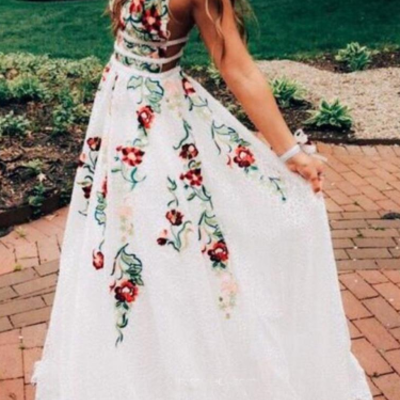  a line v neck floral embroidery lace prom dresses ,evening dresses - Thumbnail 5