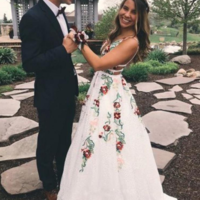  A Line V Neck Floral Embroidery Lace Prom Dresses ,Evening Dresses - Thumbnail 1